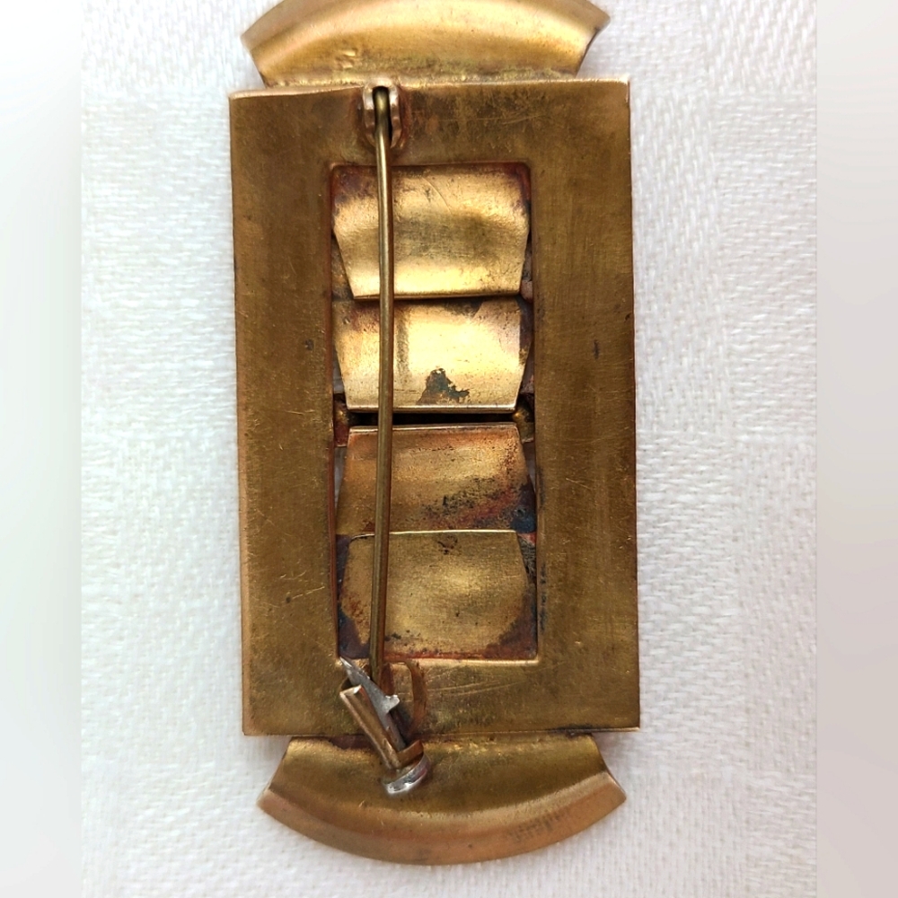 Antique Brass Brooch Set With Aquamarine and AB Rhinestones - Picture 3 of 7